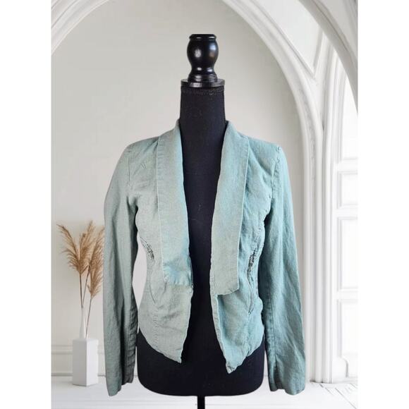 Chocolate USA Sage Green Linen Blazer Juniors Size Medium Zip Pockets Hook Close - Picture 1 of 11
